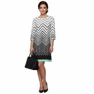 Eliza J Black White teal Polka Dot Knee Length 3/4 Sleeve Dress